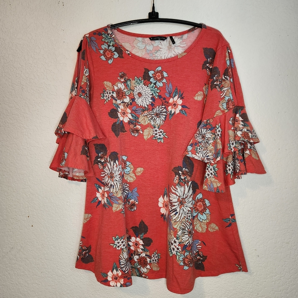 Elliott‎ & Vine Floral Ruffle Sleeve Knit Top, Size S